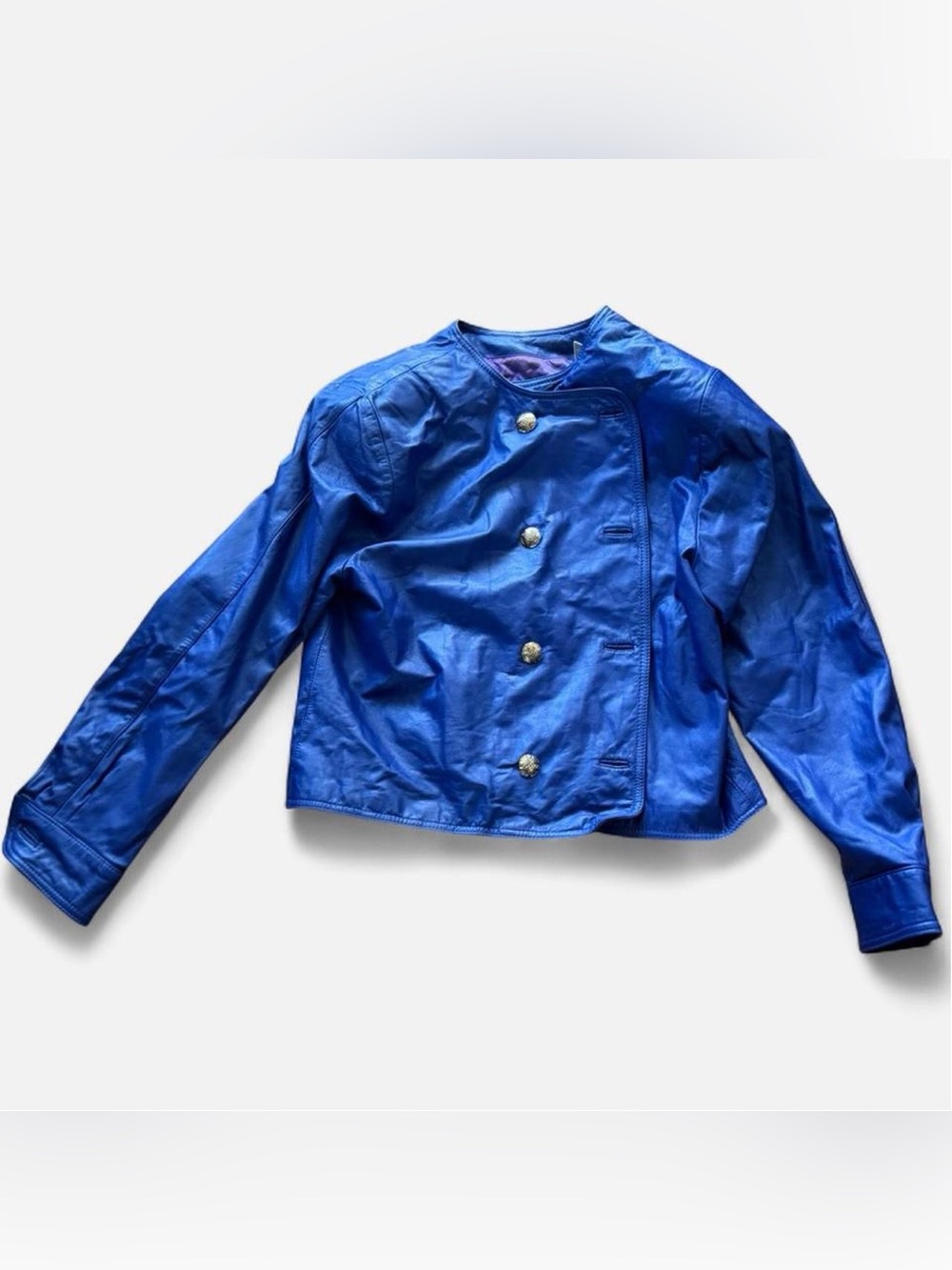 Lord & Taylor Cobalt Blue Leather Jacket Collarless Gold Button  {Size: 16 M/L}